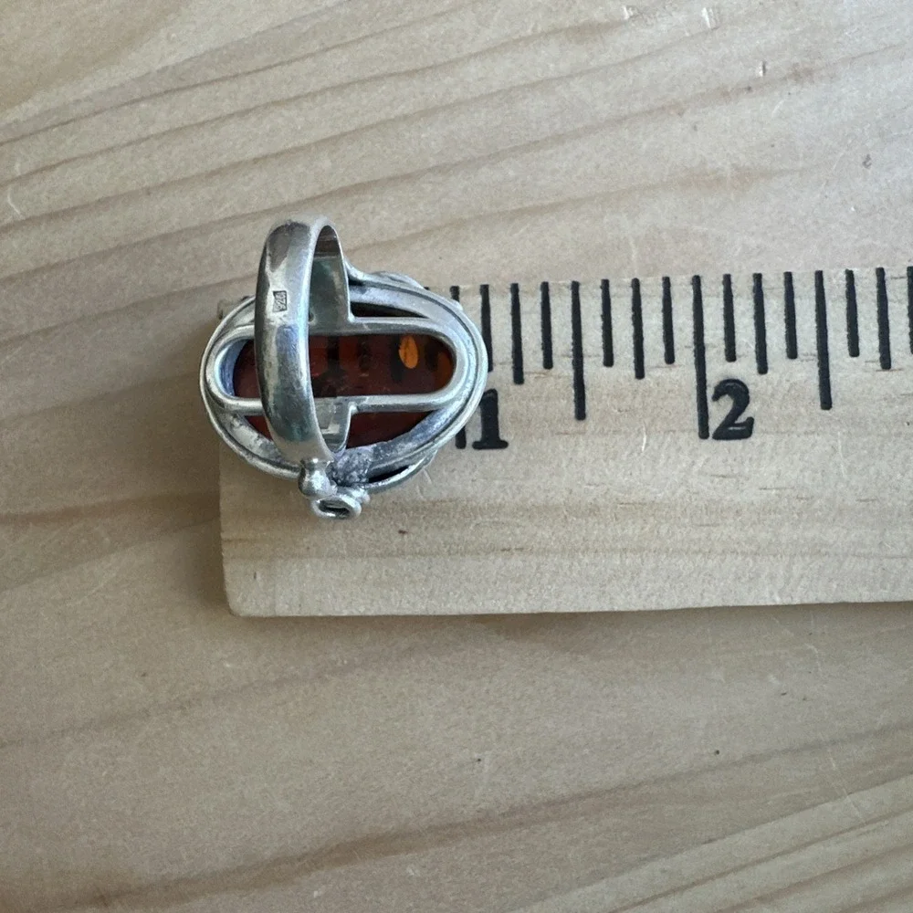 Vintage Artisan Brutalist Ring Size 7 Poland Baltic Amber 925 Sterling 12.5g MCM